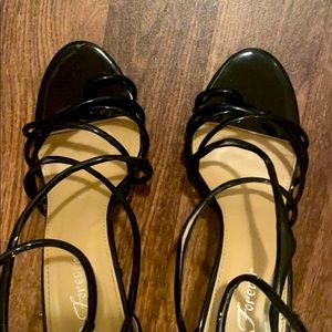 Black patent leather high heel sandal